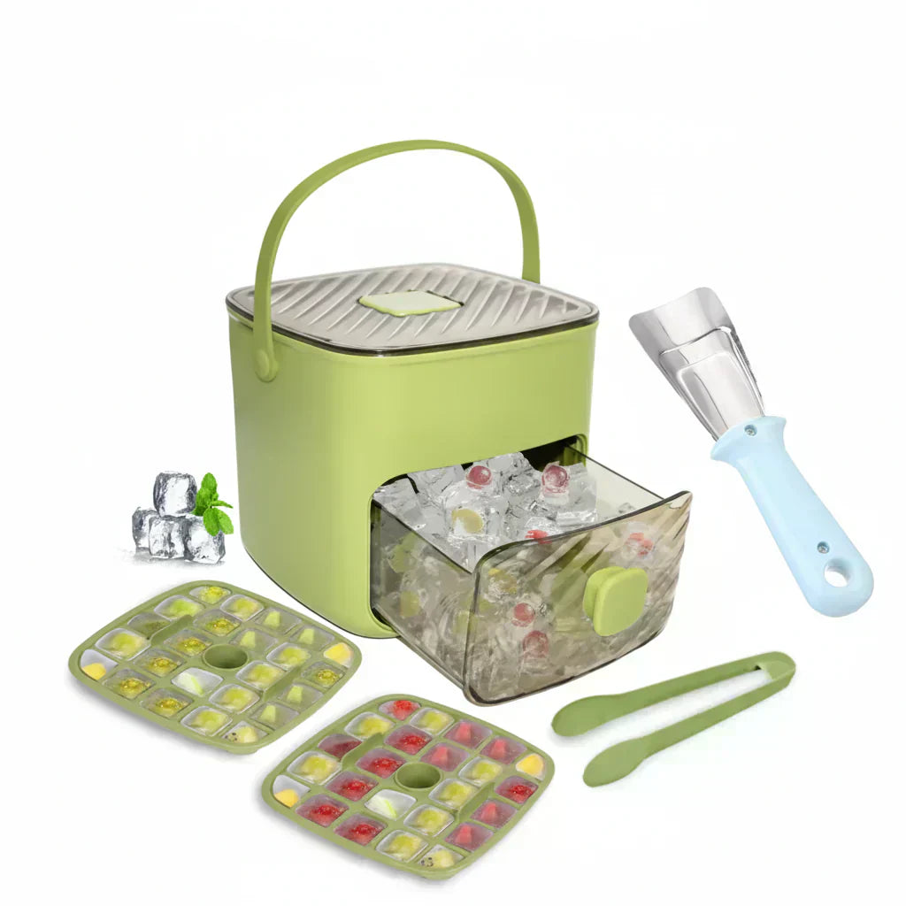 Ice Cube Maker with Storage Box – Makes 48 Cubes, One-Touch Release, Leak-Proof | UK Stock