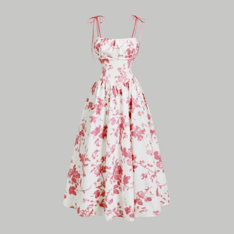 🌷Special Price Only £16.99!!🌷Women's Floral Print Tie-Strap Midi Dress