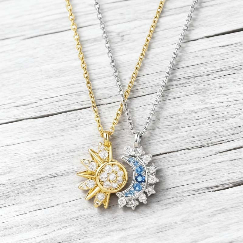 Sun and Moon Pendant Necklace with Rhinestones