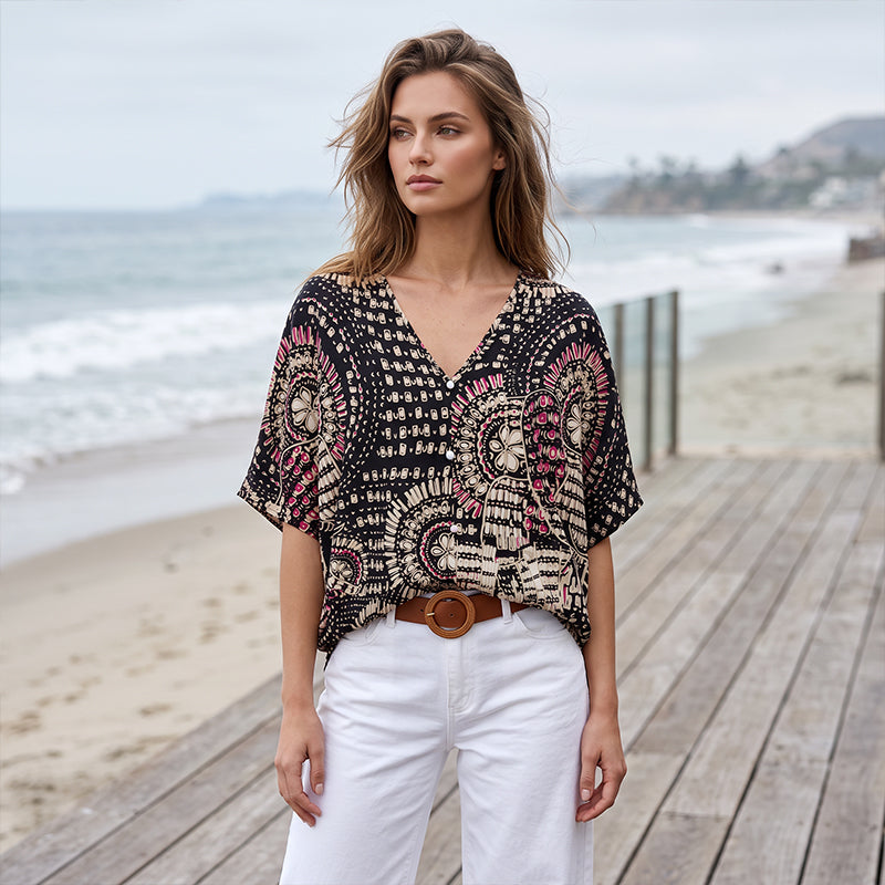 📢📢 Last Day Special Price $19.99! ⭐Trending Now👚 Boho Print Batwing Sleeve Top – Flowing V-Neck & Effortless Bohemian Style