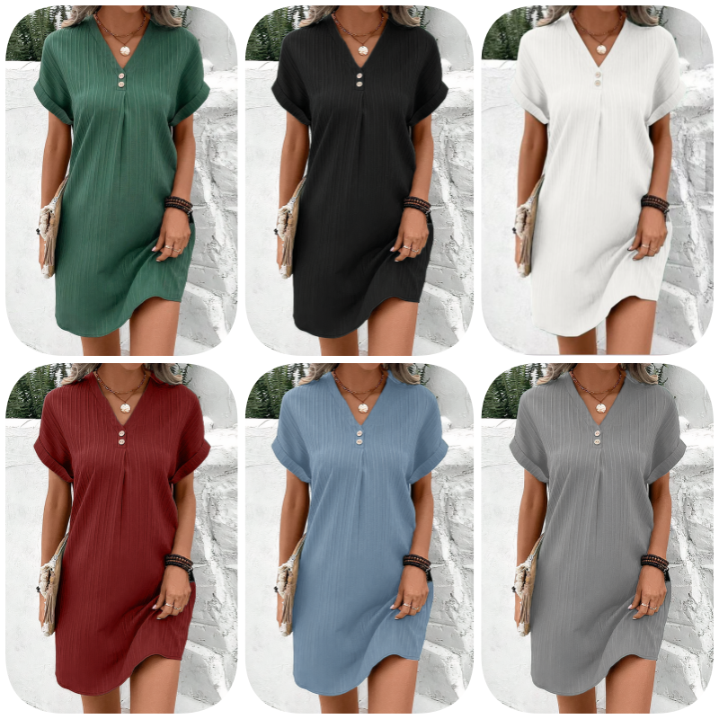 📢📢2026 HOT SALE !!🔥Simple Solid Color V-Neck Short Sleeve Dress for Women