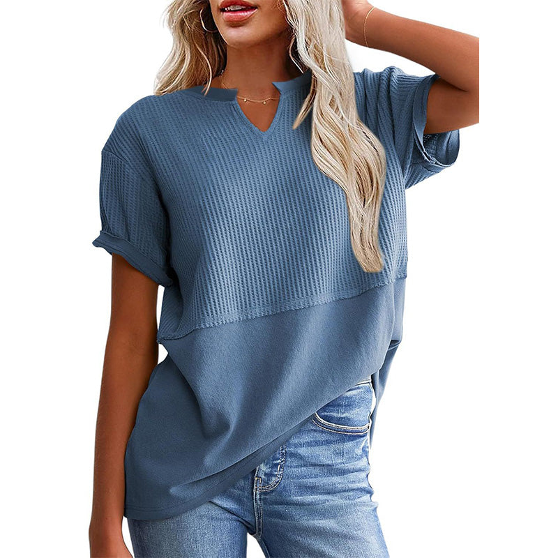 📢📢2026 HOT SALE !!🔥Women's Casual V-neck Patchwork Short-Sleeved Shirt
