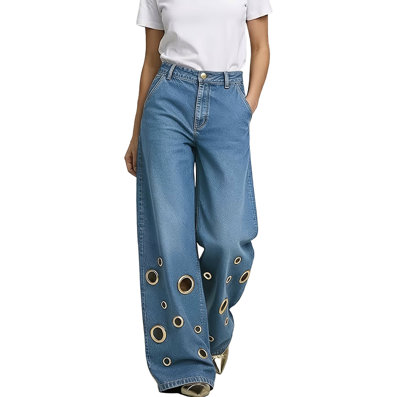 🔥 2026 Fresh Drops | Flat 50% OFF & FREE SHIPPING Today! 💸Women's Metal Eyelet Cutout Wide-Leg Jeans