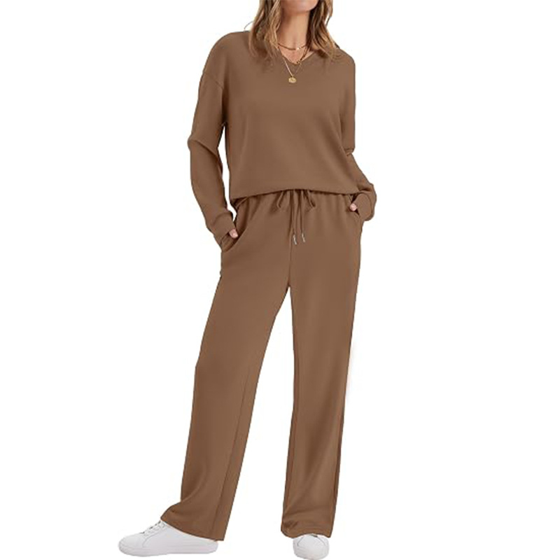 ✨ Effortless Comfort | Women's V-Neck Knit Top & Pants 2-Piece Lounge Set