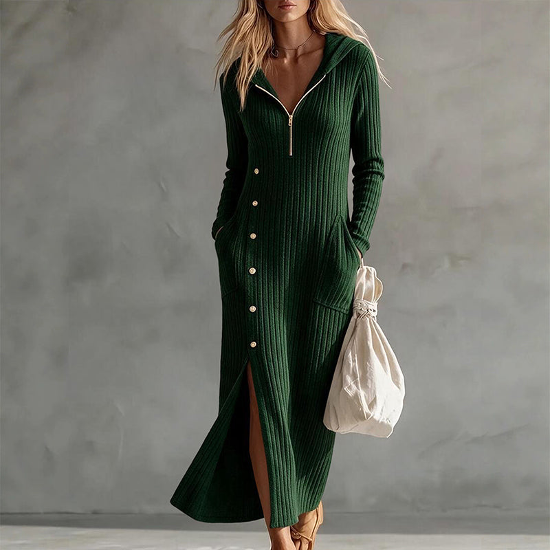 Women's Casual Ribbed Knit Hooded Maxi Dress