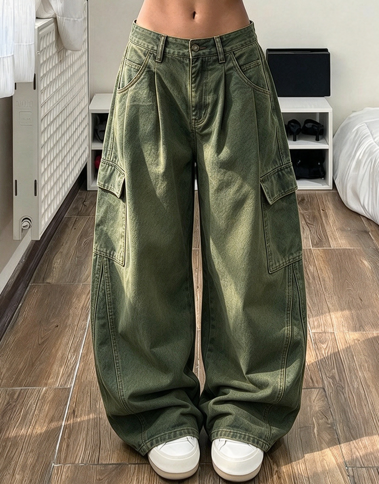 Women's High Waisted Wide Leg Baggy Cargo Pants with Utility Pockets Loose Fit Cotton Blend Trousers