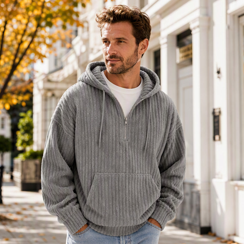 Not Your Ordinary Hoodie — A Stylish Half-Zip Corduroy Hooded Pullover with Rich Texture, Classic Casual Charm, and a Fresh Everyday Look