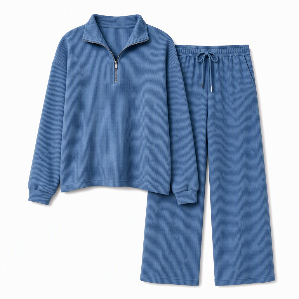 Women's Knitted Half-Zip Mock Neck Pullover & Wide-Leg Pants 2-Piece Set, Thick Ribbed Knit Matching Outfit For Winter Warmth