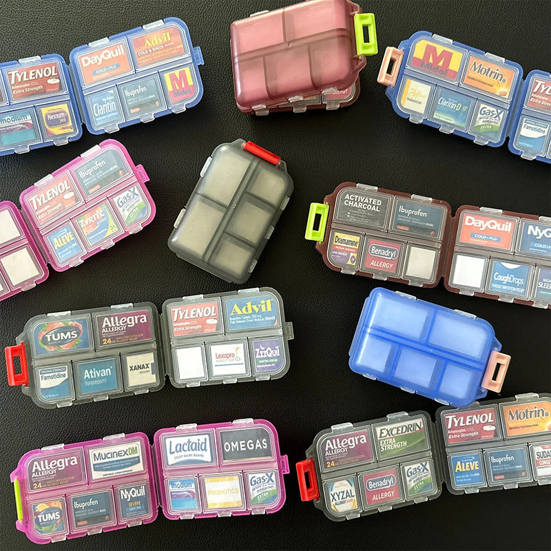 Pastillero portátil sellado de 10 compartimentos con etiquetas