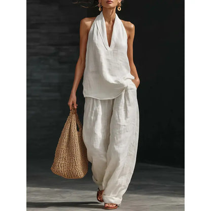 Boho Linen Two Piece Set - Halter Neck Sleeveless Top Wide Leg Pants Set