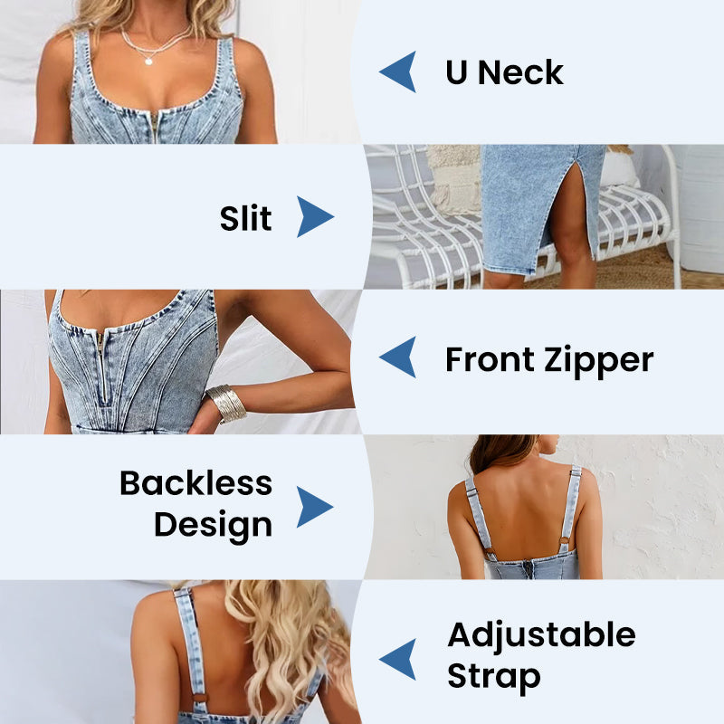 🌸Spring Specials🌸 Adjustable strap U-neck split denim bodycon cami dress