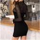 Stevie Mesh Glitter Fabric Cutout Shirt Neck Long Sleeve Stretch Mini Dress