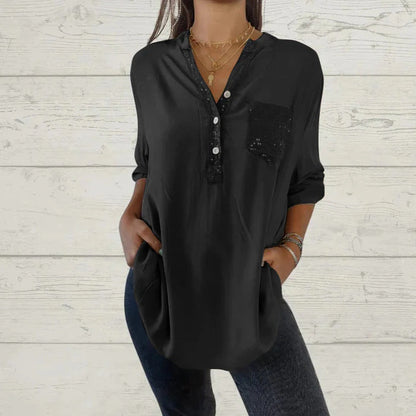 Women's Sequin Patchwork V-neck Shirt