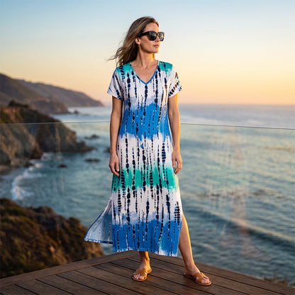 🎉 LIMITED TIME 50% OFF! 👗 Women’s Tie Dye V Neck Maxi Dress – Summer Vacation Outfit 🌈