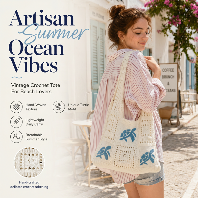 🔥 2026 Fresh Drops | Flat 50% OFF Today! 💸Turtle Pattern Crochet Tote Bag