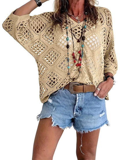 🏖️2026 Hot Sale 50% OFF🏝️👚Women’s Bohemian-Inspired Beige Crochet Top with V-Neck✨