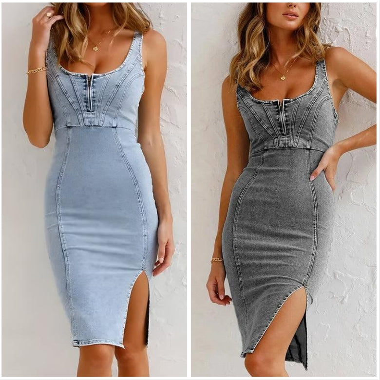 🌸Spring Specials🌸 Adjustable strap U-neck split denim bodycon cami dress