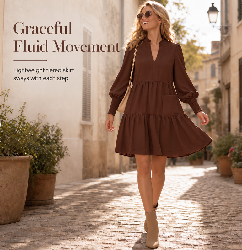 Women's V-Neck Tiered Ruffle Mini Dress, Long Sleeve Smocked Cuffs Casual Dress With Front Pocket, Flowy Fall Dress S-5XL