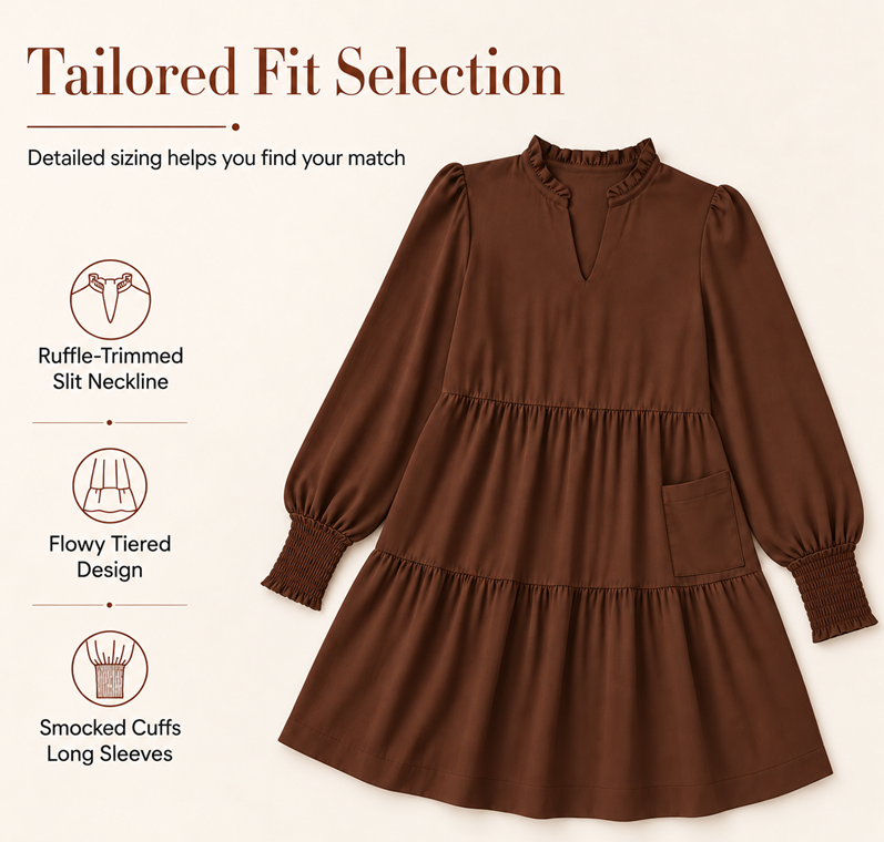 Women's V-Neck Tiered Ruffle Mini Dress, Long Sleeve Smocked Cuffs Casual Dress With Front Pocket, Flowy Fall Dress S-5XL