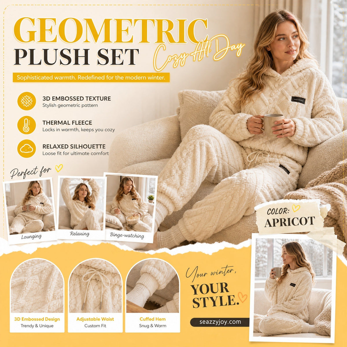 🔥 Freezing at Home but Tired of Bulky Winter Clothes? Wrap Yourself in Plush Comfort! Women's 2-Piece Geometric Fleece Hoodie & Jogger Set – Soft, Warm, Relaxed Fit with Stylish 3D Texture for Cozy Days In or Out!