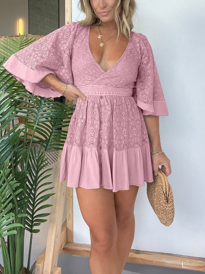 50% DE DESCUENTO🔥👗Vestido mameluco de crochet con encaje y espalda abierta