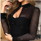 Stevie Mesh Glitter Fabric Cutout Shirt Neck Long Sleeve Stretch Mini Dress