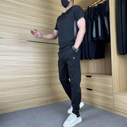 Men's Casual Sports Short Sleeve Long Pants Two-Piece Set