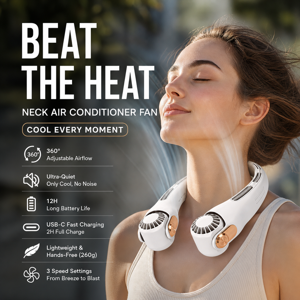 🌀💥 360° Rotating Neck Fan – Ultra Quiet, 3 Speeds, Hands-Free, Long Battery ✨