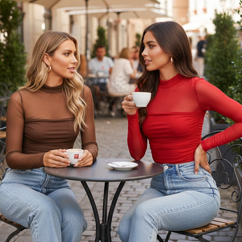 🎉Women's Sparkle Mesh Sheer Long Sleeve Ruched Top🌸