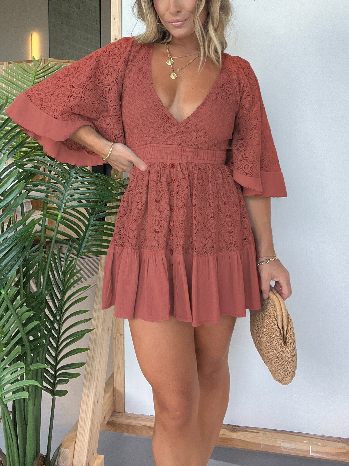 50% DE DESCUENTO🔥👗Vestido mameluco de crochet con encaje y espalda abierta