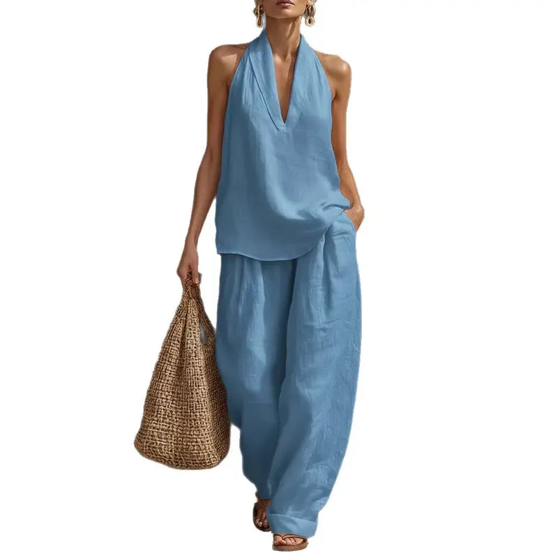 Boho Linen Two Piece Set - Halter Neck Sleeveless Top Wide Leg Pants Set