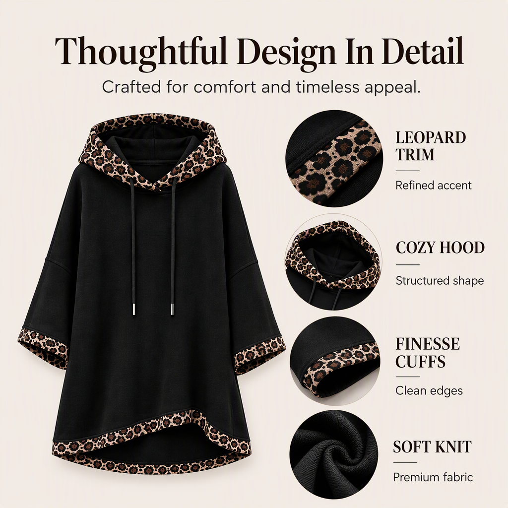💕 Women's Leopard Trim Oversized Hooded Tunic – Soft Knit Comfort, Relaxed Batwing Sleeves, Adjustable Drawstring Hood & Chic Contrast Details for Effortlessly Stylish Everyday Outfits! ✨