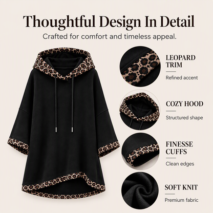 💕 Women's Leopard Trim Oversized Hooded Tunic – Soft Knit Comfort, Relaxed Batwing Sleeves, Adjustable Drawstring Hood & Chic Contrast Details for Effortlessly Stylish Everyday Outfits! ✨