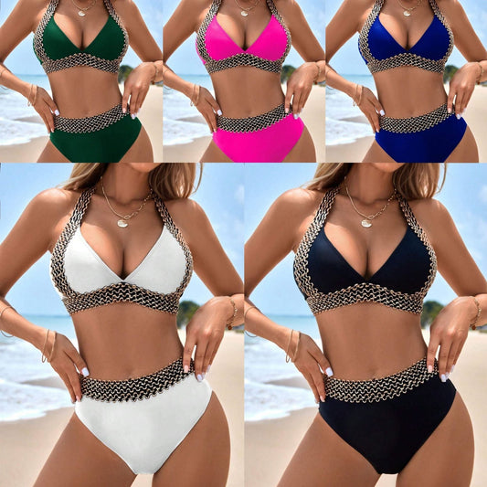 Women's swimsuit with wavy pattern and V-neck, sexy, holiday swimsuit with slit