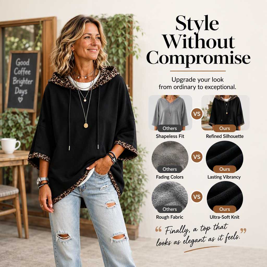 💕 Women's Leopard Trim Oversized Hooded Tunic – Soft Knit Comfort, Relaxed Batwing Sleeves, Adjustable Drawstring Hood & Chic Contrast Details for Effortlessly Stylish Everyday Outfits! ✨
