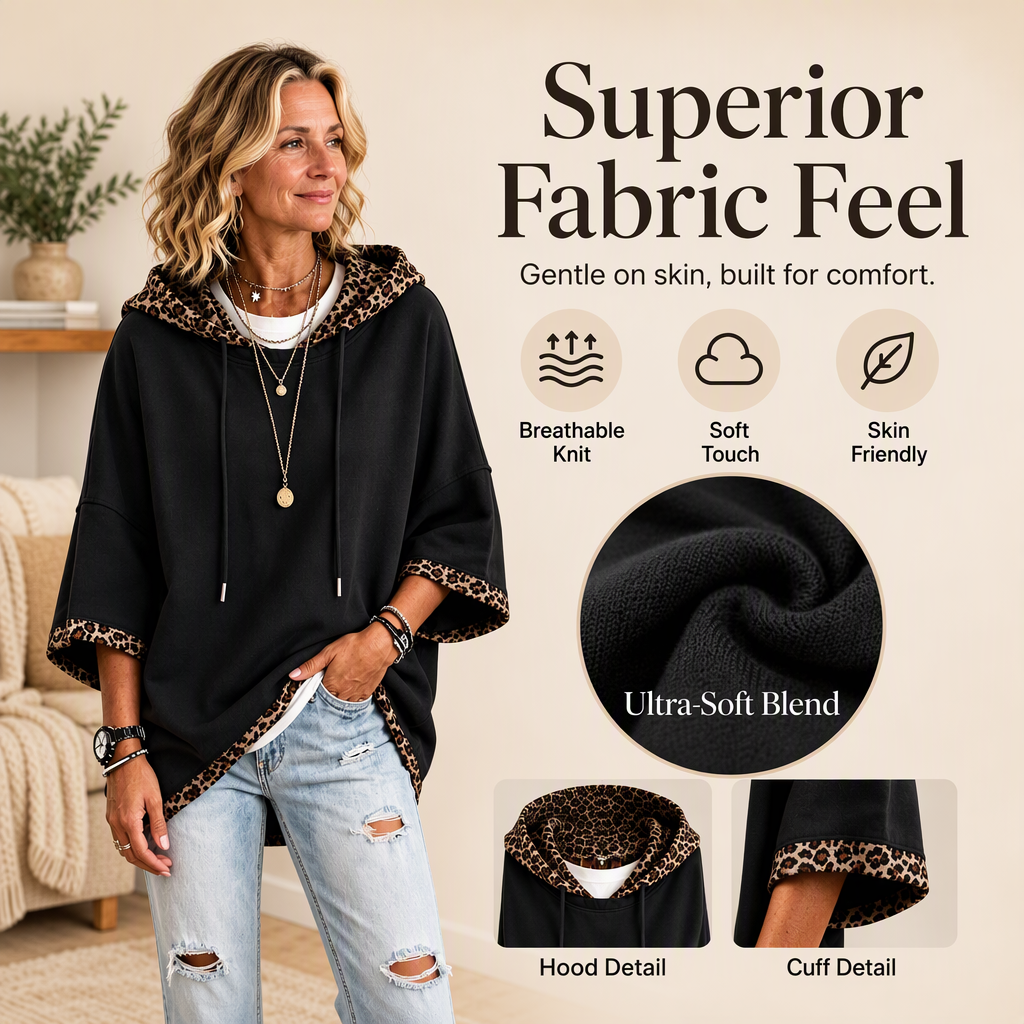 💕 Women's Leopard Trim Oversized Hooded Tunic – Soft Knit Comfort, Relaxed Batwing Sleeves, Adjustable Drawstring Hood & Chic Contrast Details for Effortlessly Stylish Everyday Outfits! ✨