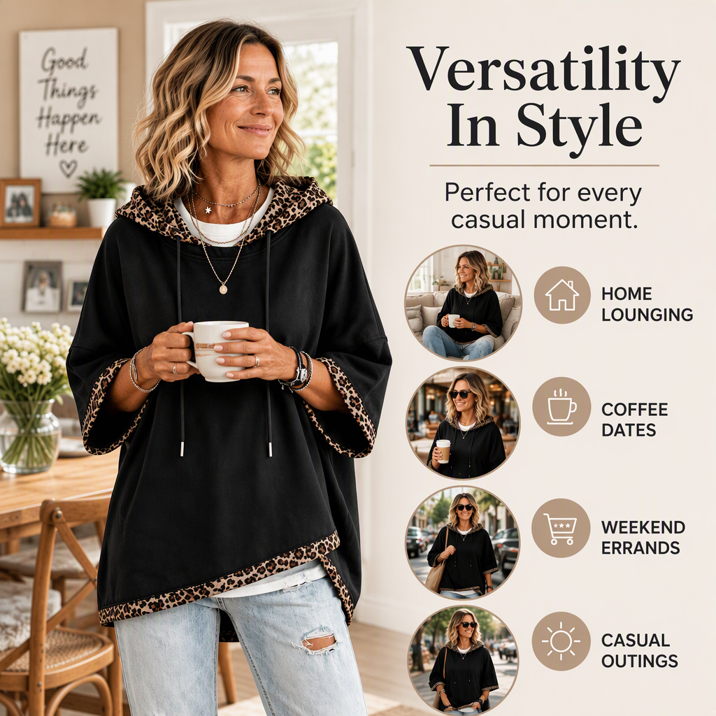 💕 Women's Leopard Trim Oversized Hooded Tunic – Soft Knit Comfort, Relaxed Batwing Sleeves, Adjustable Drawstring Hood & Chic Contrast Details for Effortlessly Stylish Everyday Outfits! ✨