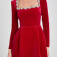 Endless Celebration Velvet Jewel Embellished Trim Long Sleeve Pocketed Mini Dress