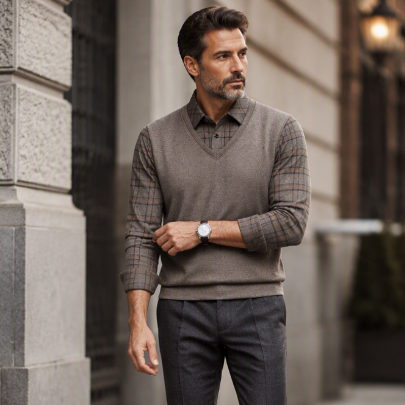 Men's Casual Plaid Fake 2-Piece Knit Top
