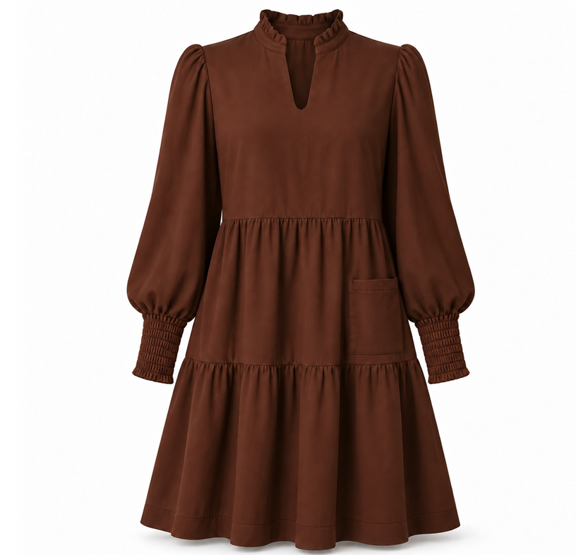 Women's V-Neck Tiered Ruffle Mini Dress, Long Sleeve Smocked Cuffs Casual Dress With Front Pocket, Flowy Fall Dress S-5XL