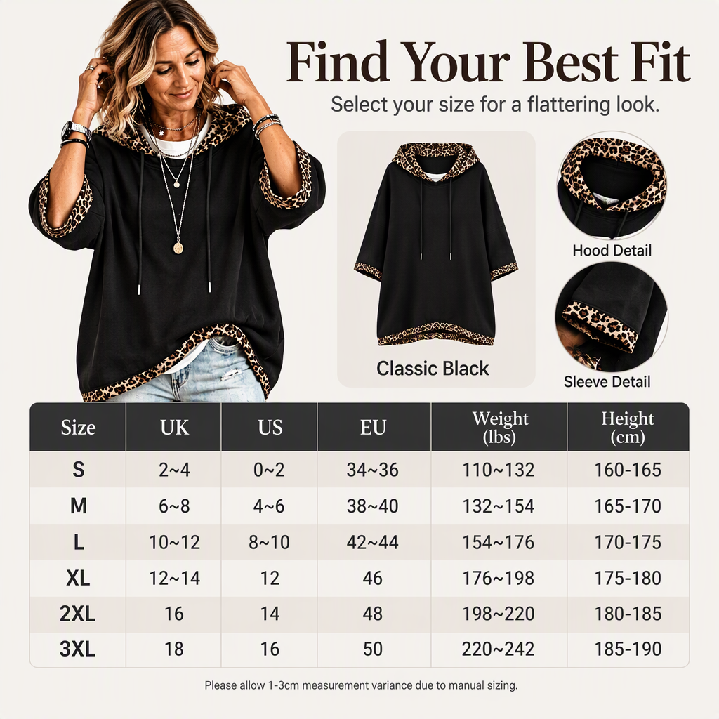 💕 Women's Leopard Trim Oversized Hooded Tunic – Soft Knit Comfort, Relaxed Batwing Sleeves, Adjustable Drawstring Hood & Chic Contrast Details for Effortlessly Stylish Everyday Outfits! ✨