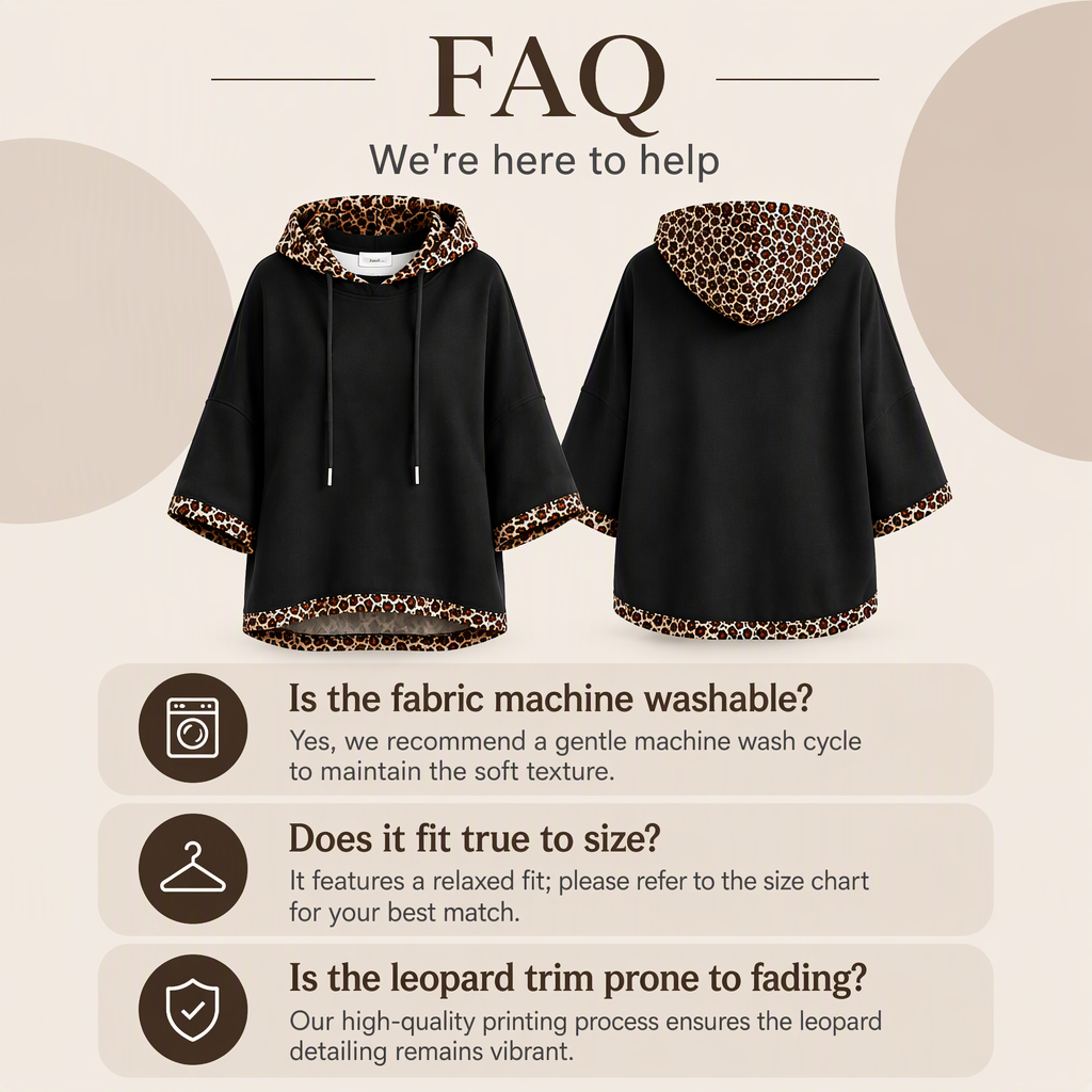 💕 Women's Leopard Trim Oversized Hooded Tunic – Soft Knit Comfort, Relaxed Batwing Sleeves, Adjustable Drawstring Hood & Chic Contrast Details for Effortlessly Stylish Everyday Outfits! ✨