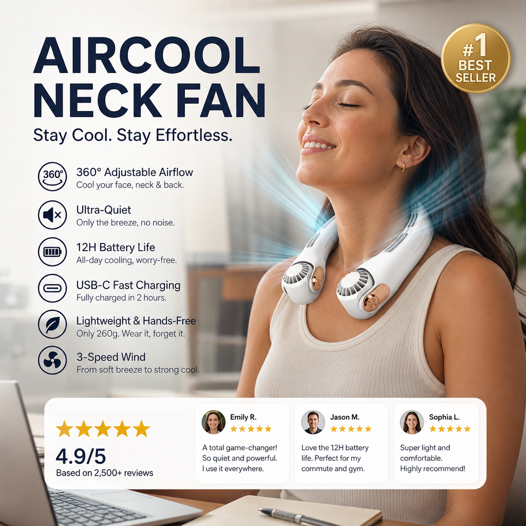 🌀💥 360° Rotating Neck Fan – Ultra Quiet, 3 Speeds, Hands-Free, Long Battery ✨