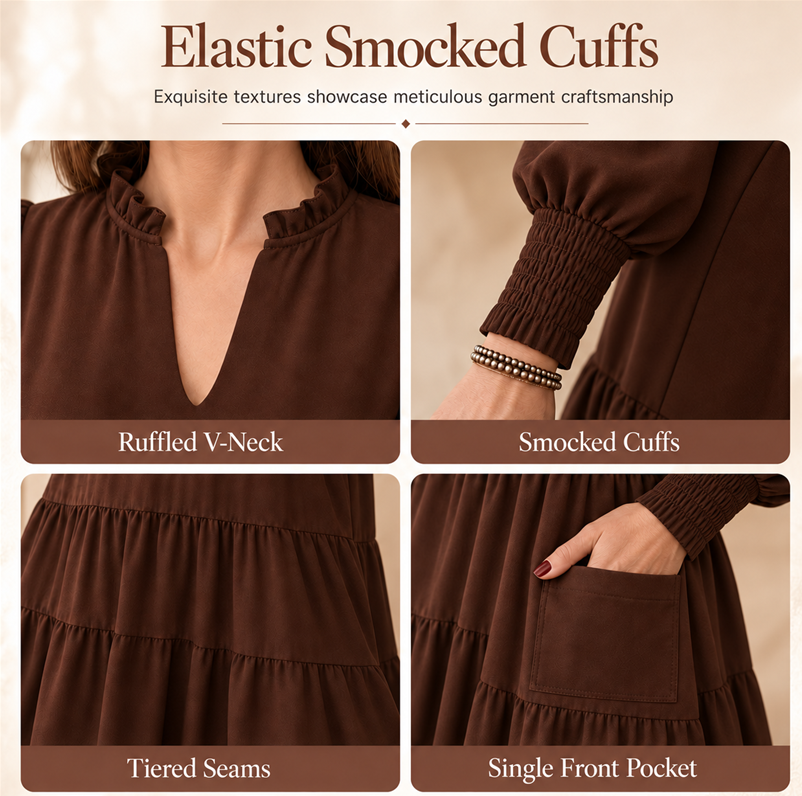 Women's V-Neck Tiered Ruffle Mini Dress, Long Sleeve Smocked Cuffs Casual Dress With Front Pocket, Flowy Fall Dress S-5XL