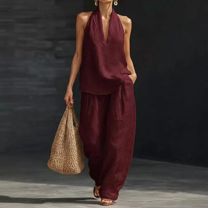 Boho Linen Two Piece Set - Halter Neck Sleeveless Top Wide Leg Pants Set