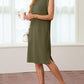 Women Round Neck Loose Split Wrinkle-Free Midi Dress with Pockets