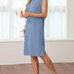 Women Round Neck Loose Split Wrinkle-Free Midi Dress with Pockets