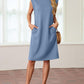 Women Round Neck Loose Split Wrinkle-Free Midi Dress with Pockets