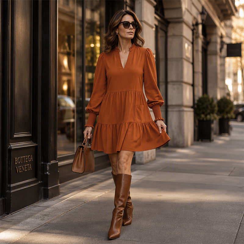 Women's V-Neck Tiered Ruffle Mini Dress, Long Sleeve Smocked Cuffs Casual Dress With Front Pocket, Flowy Fall Dress S-5XL