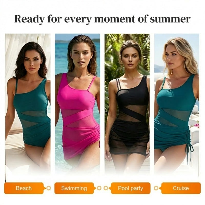 💎 50% OFF! 💎 Women's Sexy One-Piece Swim Dress – Ruched Slim Fit, High-Waisted Tummy Control & Sheer Mesh Detail 🩱✨